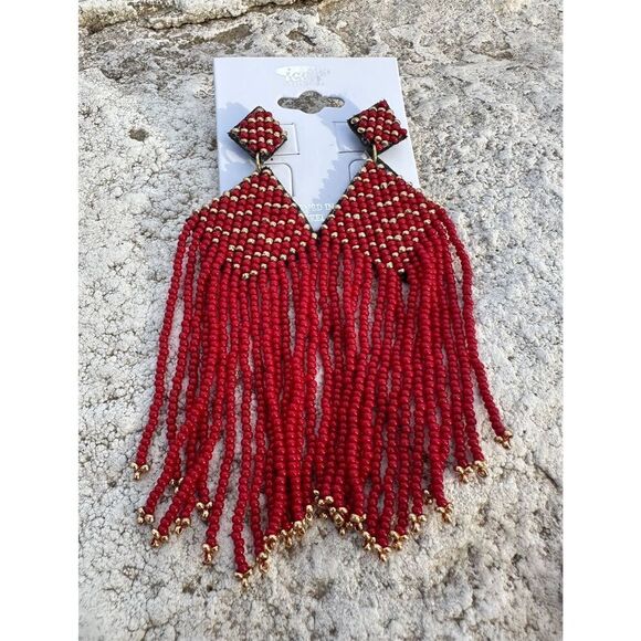 Western Red Earrings Fringe Gold Cowgirl NEW Dangle - Picture 2 of 2